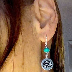 Lotus flower charm silver earrings with turquoise stone
